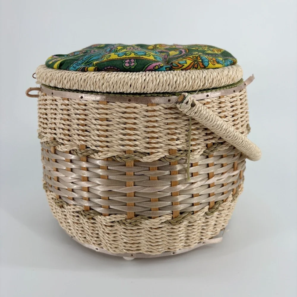 Vintage 1960s Sewing Woven Basket Green Pink  Paisley Fabric Handle Tray Japan